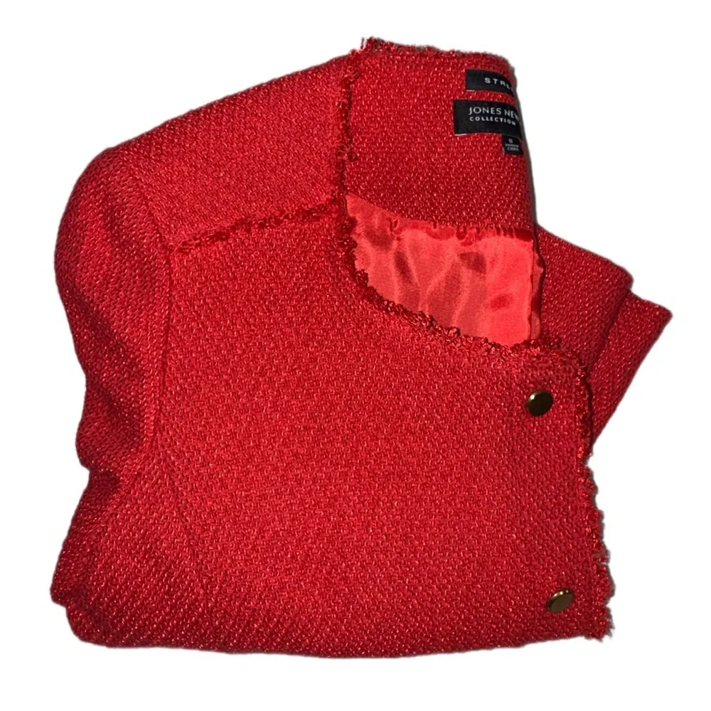 Jones New York Collection Red Tweed Jacket Gold Button Stretch Blazer Size 8